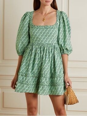 Rhode Daya printed cotton-poplin mini dress green